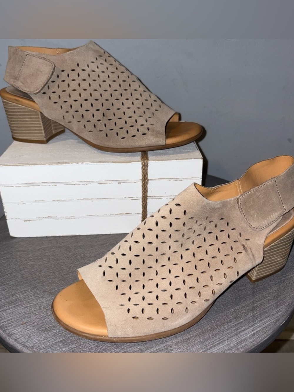 Women’s Taupe Suede Peep-Toe Block Heel Sandals